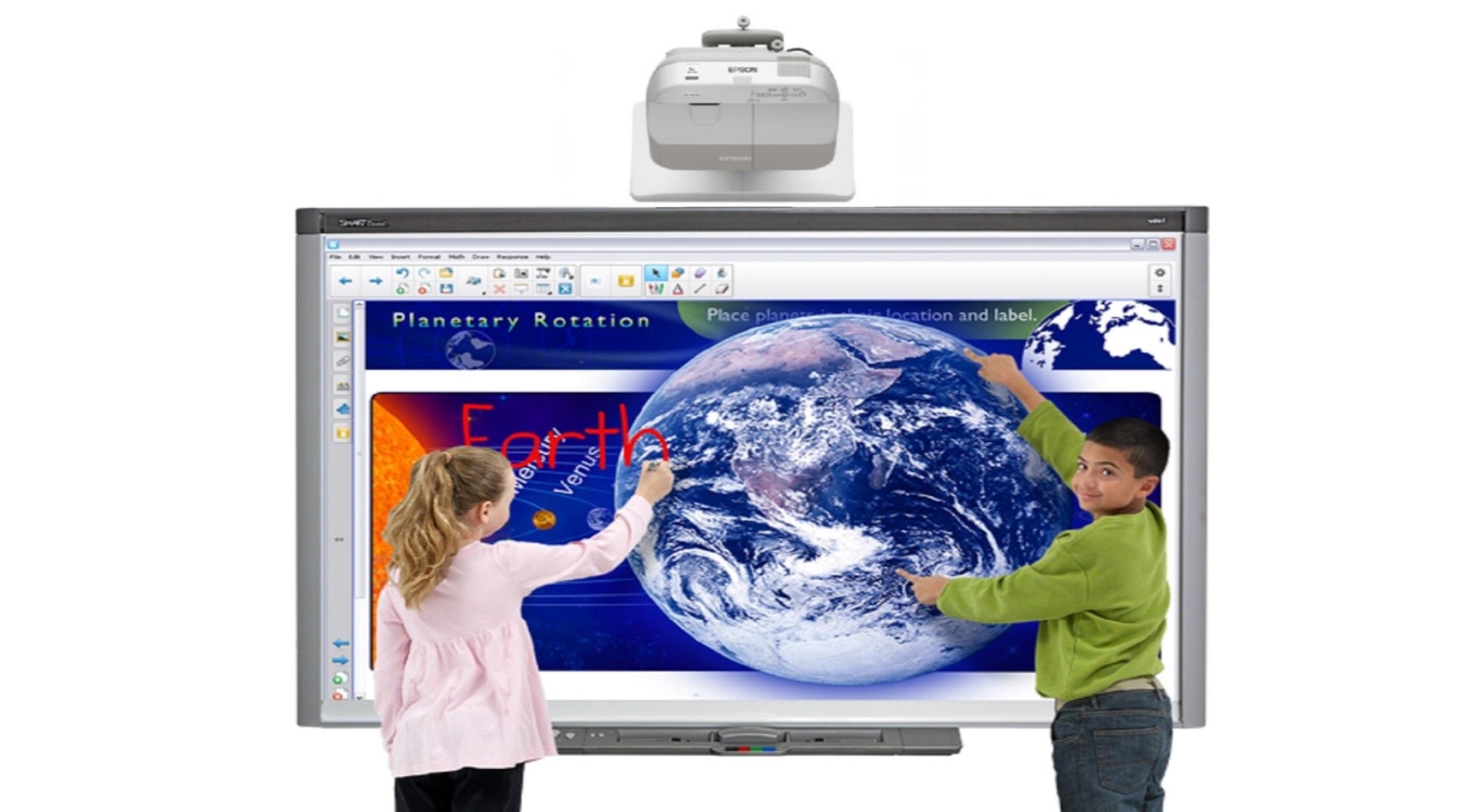 Interactive whiteboard on the wall being used by two kids.