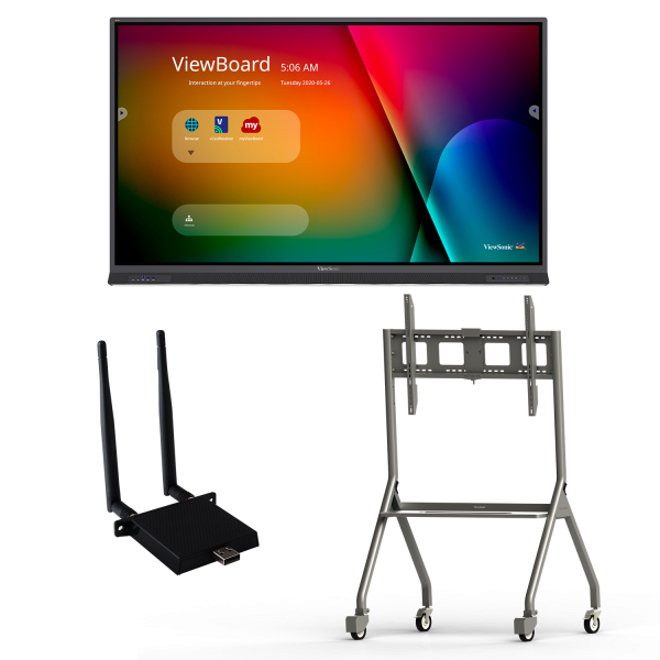 ViewSonic IFP7552-E4 ViewBoard Bundle with 75in ViewBoard IFP7552 4K Interactive Flat Panel, a LB-WIFI-001 wireless AC Adapter, and a VB-STND-005 Mobile Trolley Cart