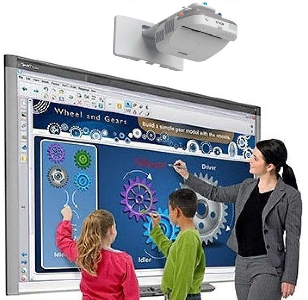 Interactive whiteboard in use by three people.